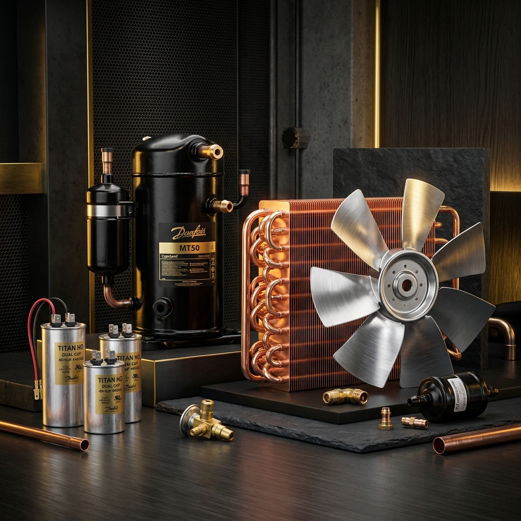 A/C spare parts including compressors and capacitors